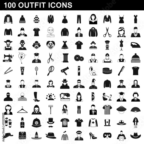 100 outfit icons set, simple style