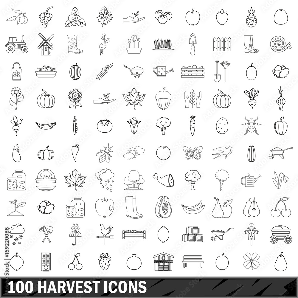 100 harvest icons set, outline style 100 harvest icons set, outline style