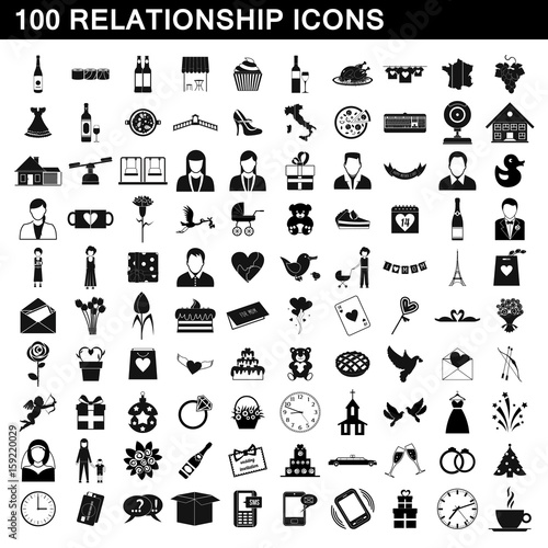 100 relationship icons set, simple style