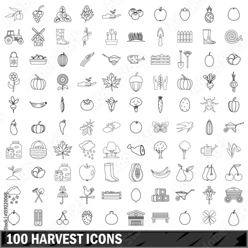 100 harvest icons set, outline style