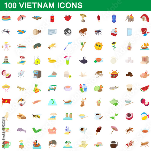 100 vietnam icons set, cartoon style