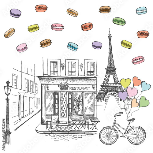 Set of hand drawn French icons, Paris sketch illustration