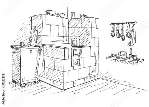 Tiled stove in a corner. Vector illustration of a sketch style.