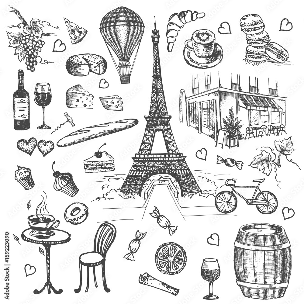 Set of hand drawn French icons, Paris sketch illustration
