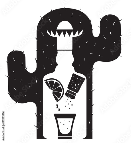 A bottle of tequila, a shot glass, salt, lemon, lime. The logo image is the correct alcohol. Print on t-shirt, poster, vector image created by hand. Spanish folk vodka. Black and white clipart. Vector