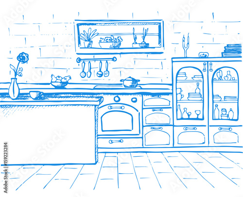 Hand drawn kitchen furniture. Vector illustration. Sketch drawn by a blue pen.