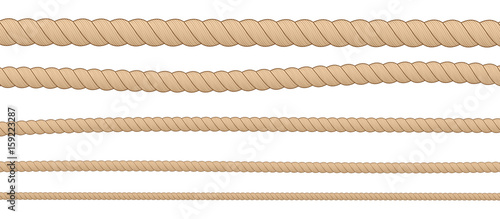 Different thickness horizontal brown ropes isolated on white background.