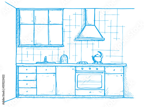 Hand drawn kitchen furniture. Vector illustration. Sketch drawn by a blue pen.