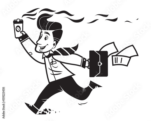 Cartoon businessman office worker quickly runs to work or an appointment. Holding the Cup with the coffee as a torch. The business Olympics. Sprint with a suitcase with documents. Сlipart. Vector.