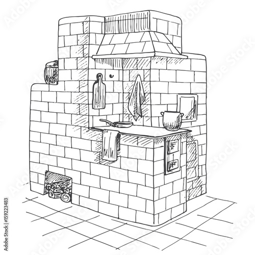 Tiled stove in a corner. Vector illustration of a sketch style.