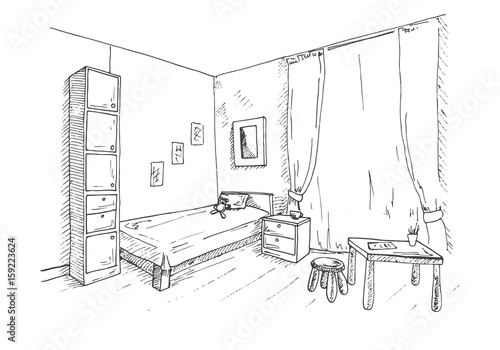 Children's room. In the corner of the room is a bed, next to a closet, table, chair. Vector illustration in a sketch style