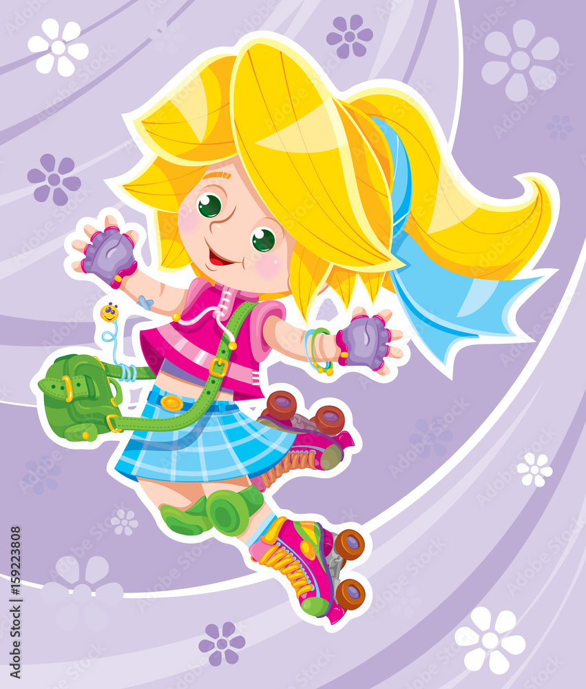 A little young girl is happy to roller-skate. She rushes like a wind, very quickly. Hair develops. The bag jumps on its side. Colorful clipart. Handmade vector illustration. A little young girl is happy to roller-skate. She rushes like a wind, very quickly. Hair develops. The bag jumps on its side. Colorful clipart. Handmade vector illustration.