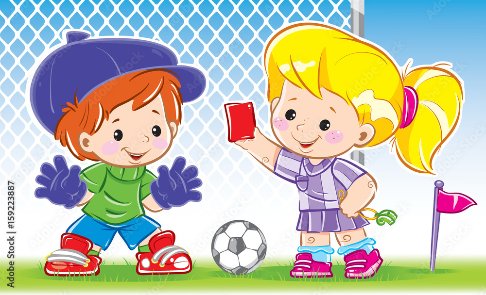 Little boy and girl play football. The boy stands at the gate, he is the goalkeeper, the girl is the judge. She shows the boy a red card, for violation. Both are very happy to play in soccer. Vector. Little boy and girl play football. The boy stands at the gate, he is the goalkeeper, the girl is the judge. She shows the boy a red card, for violation. Both are very happy to play in soccer. Vector.
