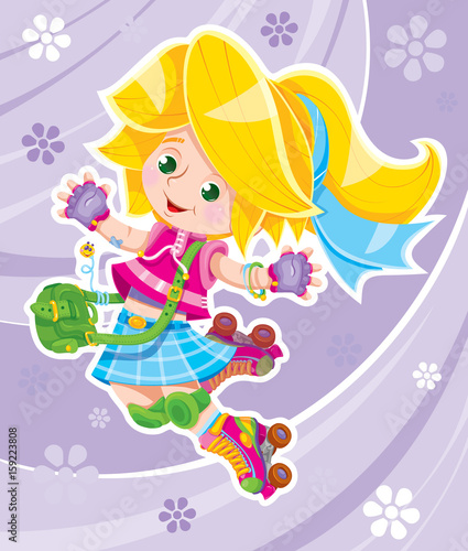 A little young girl is happy to roller-skate. She rushes like a wind, very quickly. Hair develops. The bag jumps on its side. Colorful clipart. Handmade vector illustration.