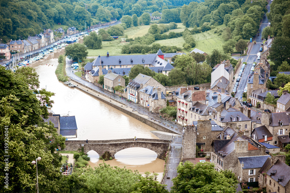 Top view on the famous Dinan town with viaduc and river Rance in Brittany region in France