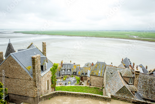 View from the ambasady on the old town and the ocean in Mont Saint Michel in France