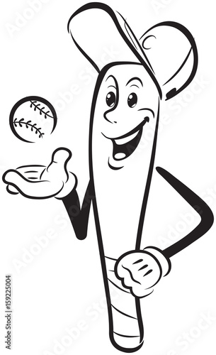 Happy cartoon baseball bat in a baseball cap with one hand rested on the side, the other hand throws the ball, ready to roll. Hand vector drawing.  Black and white clipart. Print on a t-shirt. 