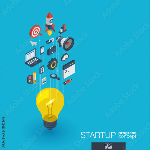 Development integrated 3d web icons. Isometric progress concept. Connected graphic design line growth system. Startup background for programm app, digital code. Vector idea bulb, rocket launch symbols