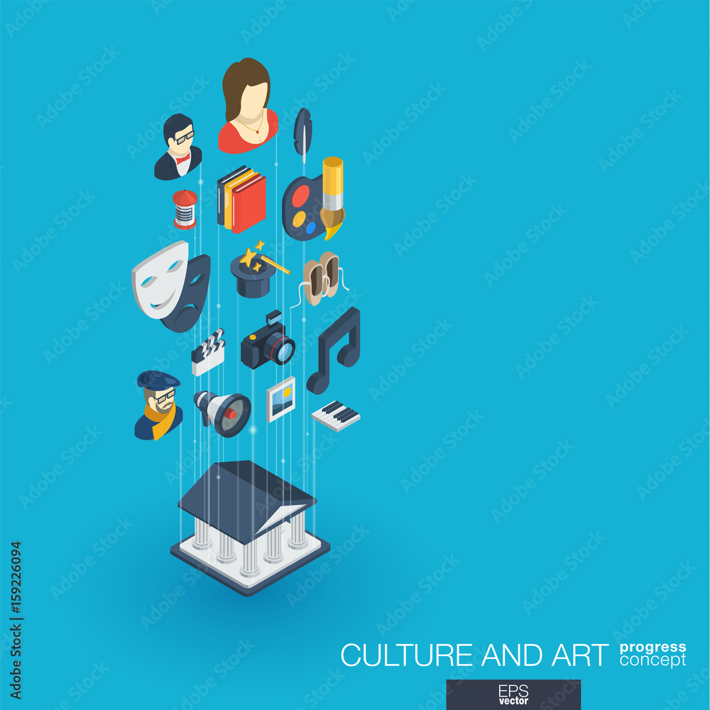 Culture, art integrated 3d web icons. Digital network isometric progress concept. Connected graphic design line growth system. Background for theater artist, music, circus show bill. Vector Infograph