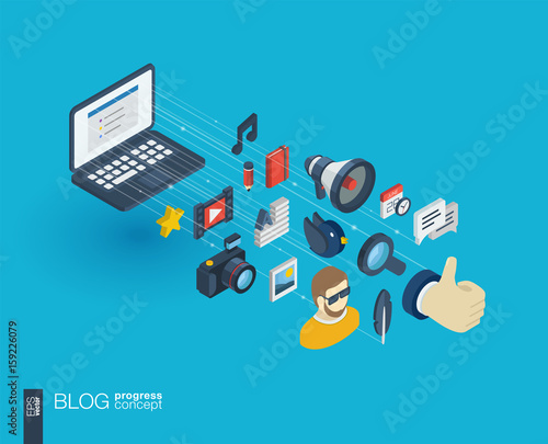 Blog integrated 3d web icons. Digital network isometric progress concept. Connected graphic design line growth system. Background whith video content publish, post writing, follower. Vector Infograph