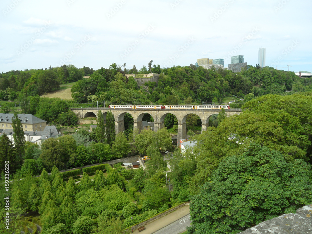 Train passing the Passerelle, 24 Arches Viaduct in Luxembourg City, Luxembourg 