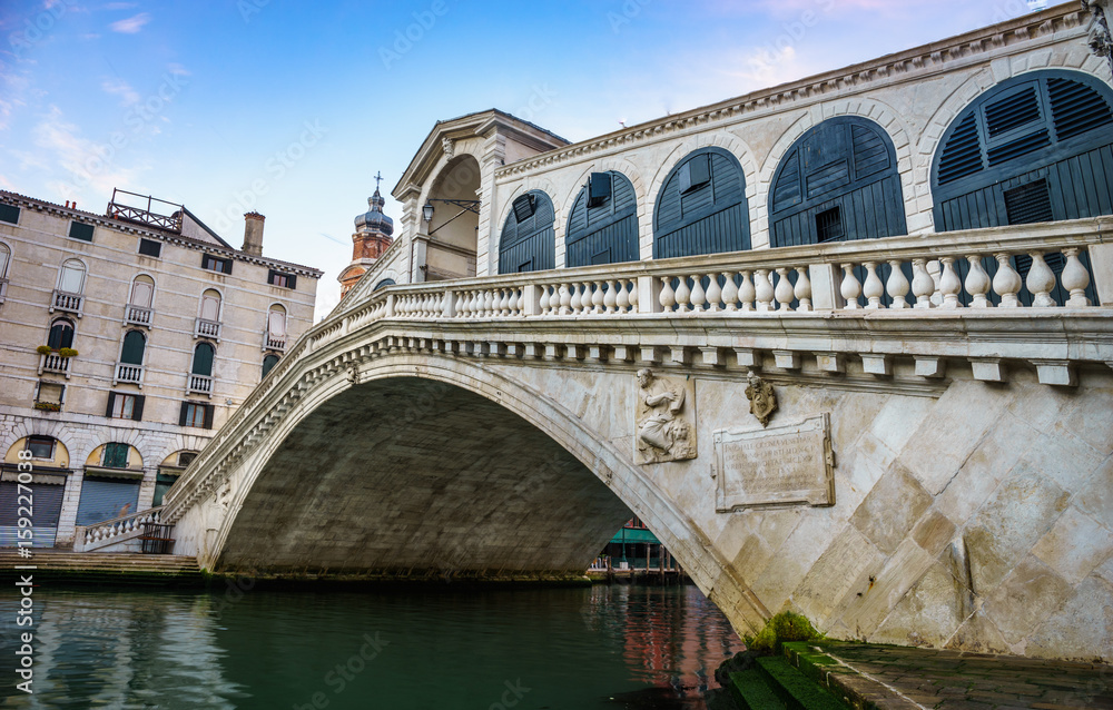 Panorama of Grand Canal and Rialto Bridge in the Morning, Venice, Italy