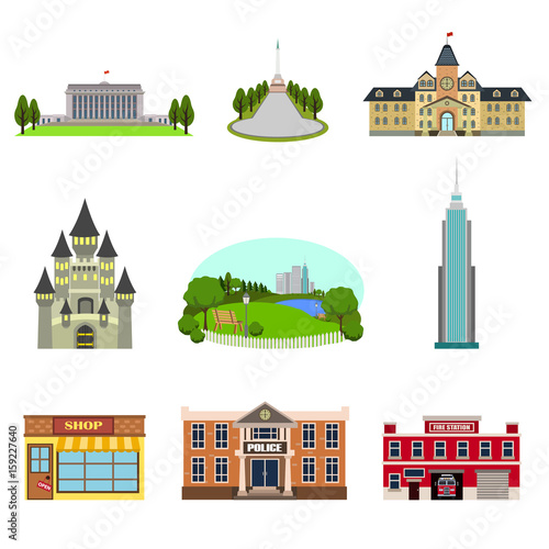 municipal buildings flat icon set