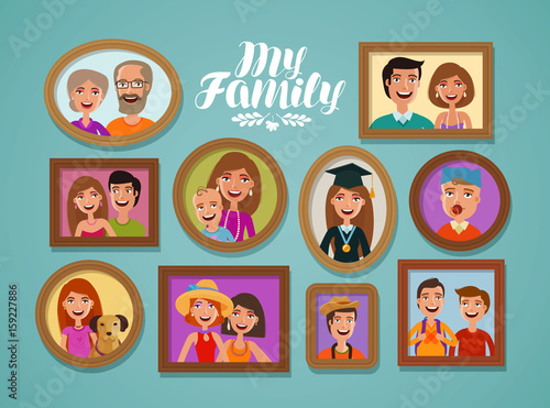 Family photos in frames. People, parents and children concept. Cartoon vector illustration