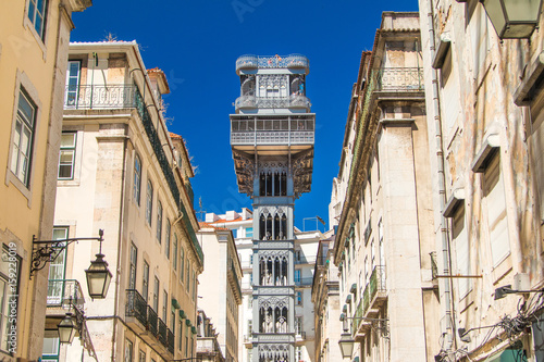 Famous Santa Justa elevator in the Baixa District in Lisbon, Portugal, 19th century project by Raul Mesnier de Ponsard
 photo