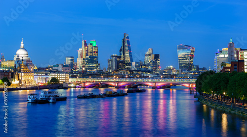 London skyline after duske and skyscrapers at financial district