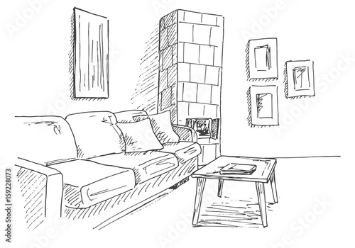 Living room with sofa, table and tiled stove in the corner of the room. Vector illustration of a sketch style.