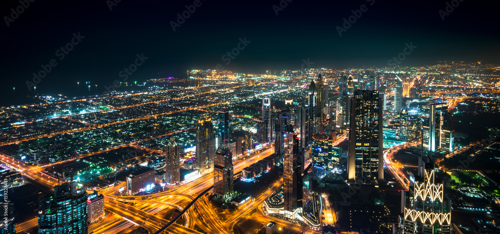 Dubai Night View. Panoramic view from Burj Khalifa tower.