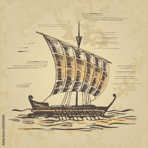 Ancient sailing ship at the oars