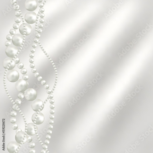 Abstract vector background with beautiful 3D shiny natural white pearl garlands, beads on silk fabric. Set for celebratory design, Christmas decorations. wedding theme. Vector illustration.