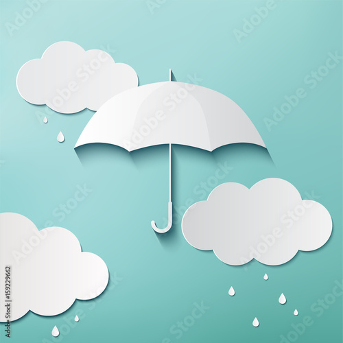 Rainy day, Origami made umbrella and clouds,