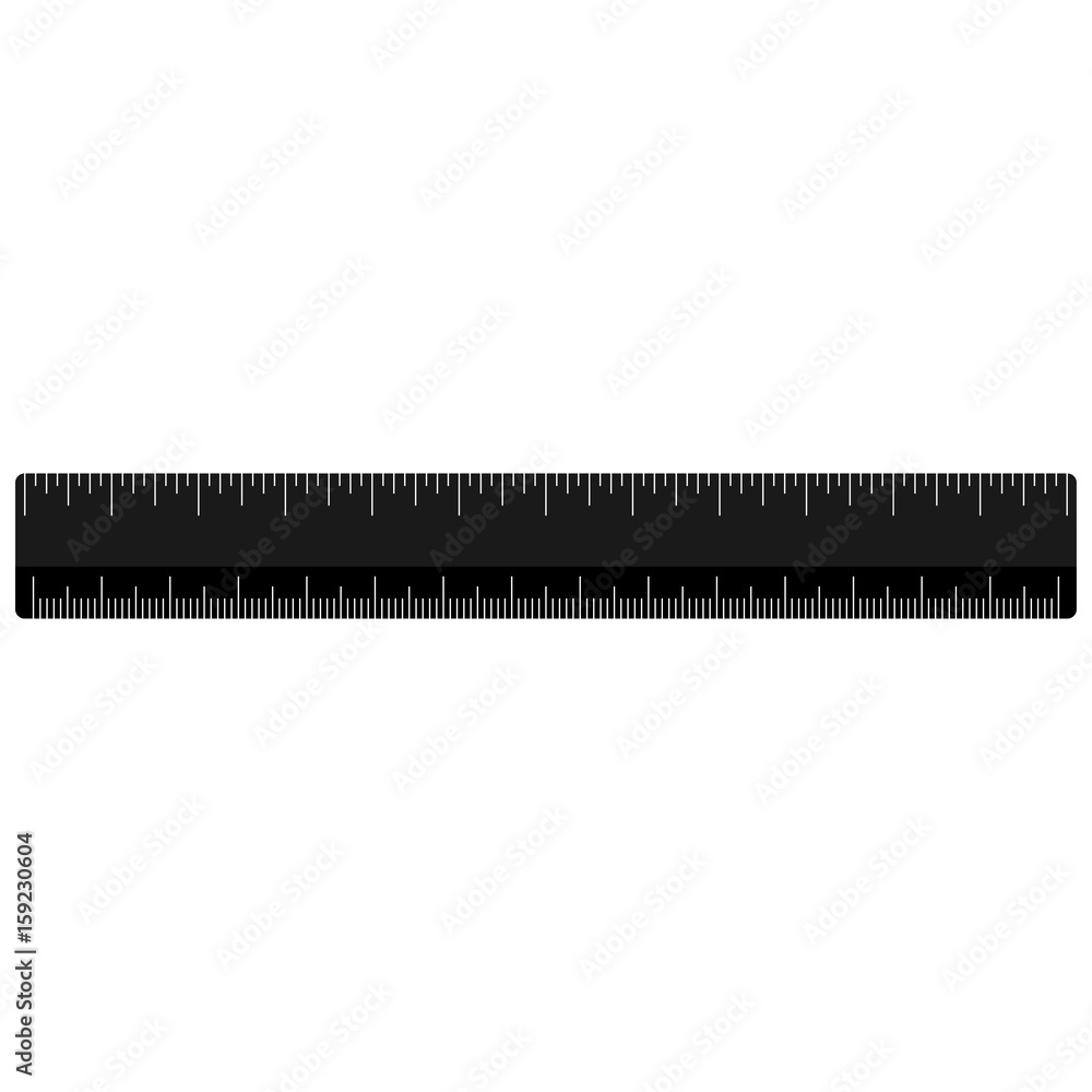 Black plastic ruler. Realistic flat design. Office supplies stationery. Vector illustration