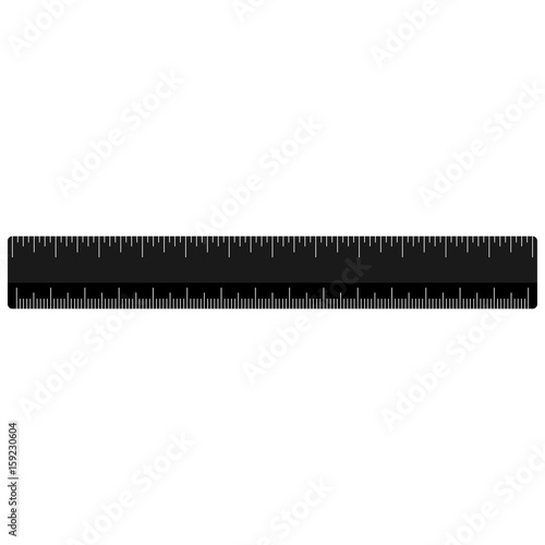 Black plastic ruler. Realistic flat design. Office supplies stationery. Vector illustration