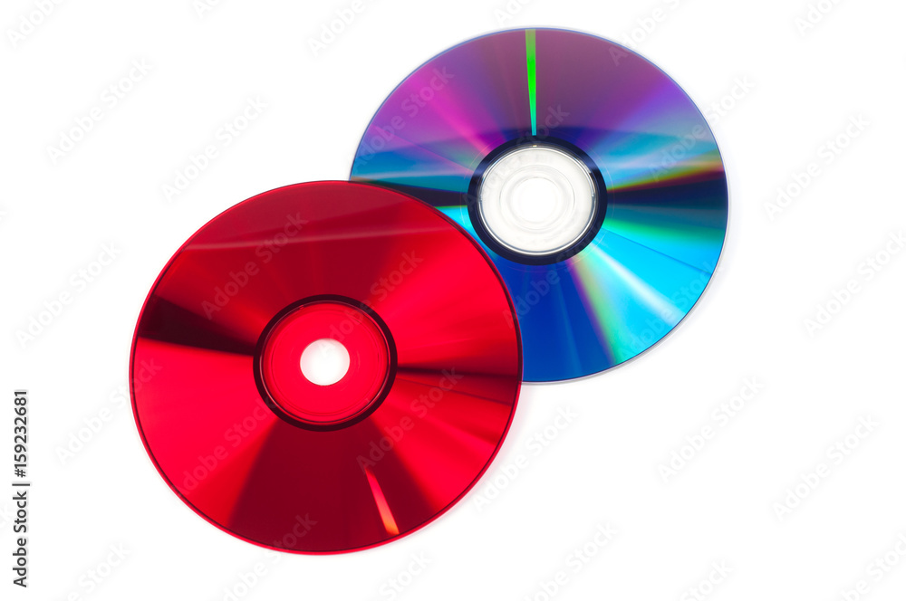 Red and violet CD compact discs isolated on white background Red and violet CD compact discs isolated on white background
