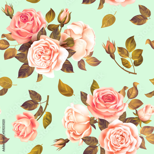 Seamless spring pattern with roses. Vector illustration.