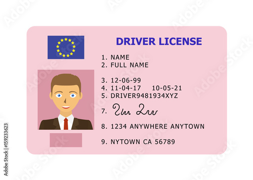 Driving id license with person photo, identification card. Vector illustration.