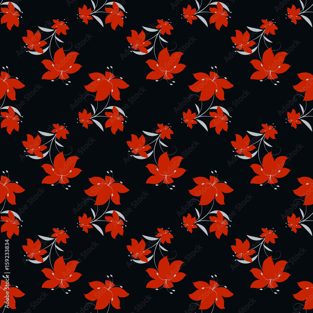 Red flowers seamless vector pattern with black background Red flowers seamless vector pattern with black background