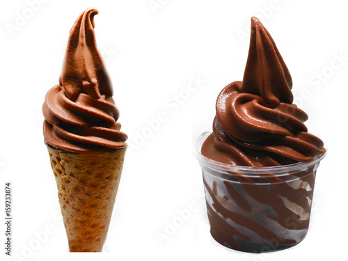 chocolate soft serve ice cream in a cone and a cup