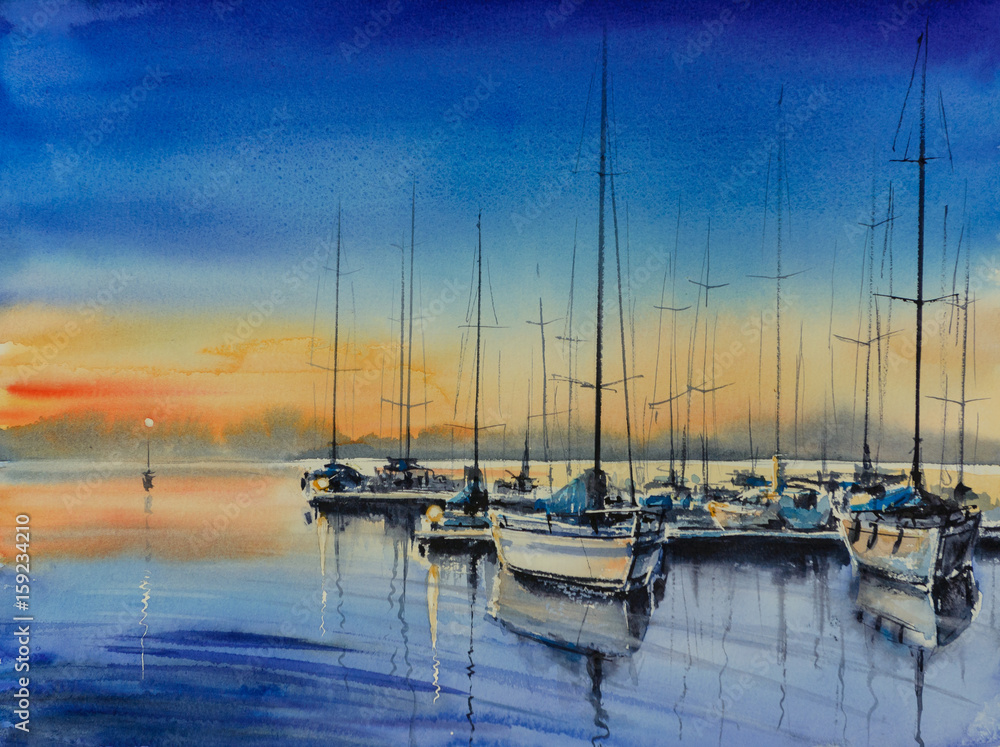Fototapeta premium Yacht harbor at night.Picture ctreated with watercolors.