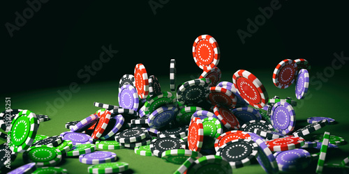Casino chips falling on green felt. 3d illustration