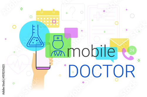 Mobile doctor and medicine research results on smartphone concept illustration. Human hand holds smart phone with app for health care and medical support. Creative healthcare banner