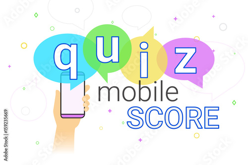 Mobile quiz interview and online high score game on smartphone concept illustration. Human hand holds smart phone with app for asking, examing and answering questions. Creative quiz speech bubbles