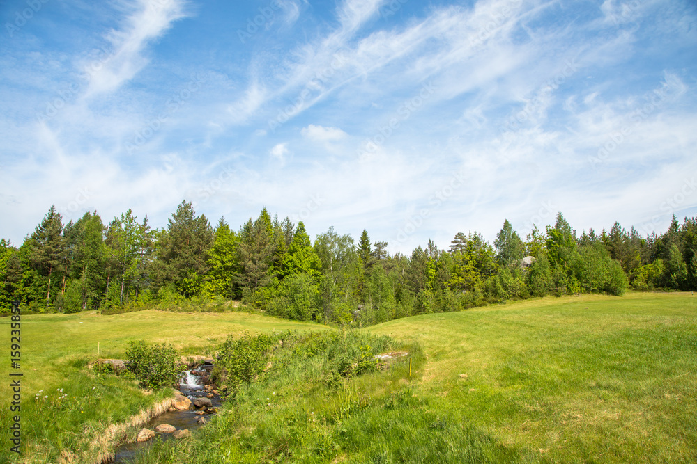 Landscape on a golf course with green grass, forest, trees, beautiful blue sky and a small river and waterfall