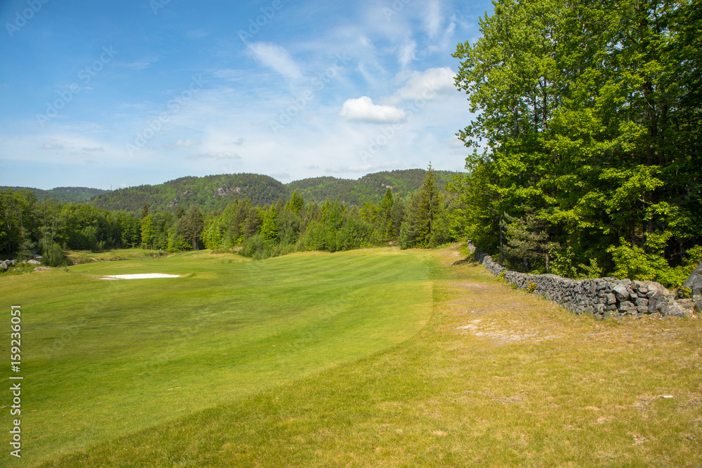 Landscape on a golf course with green grass, trees, beautiful blue sky and stone fence