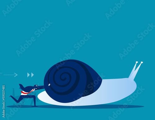 Businessman pushing snail. Concept business vector illustration.