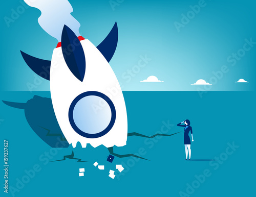 Rocket crash and businesswoman. Concept business technology vector illustration.